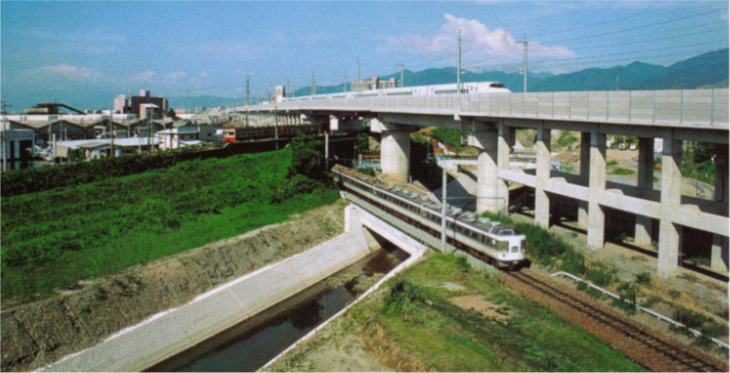 新幹線、長野電鉄、信越線と浅川の交差部（完了後）