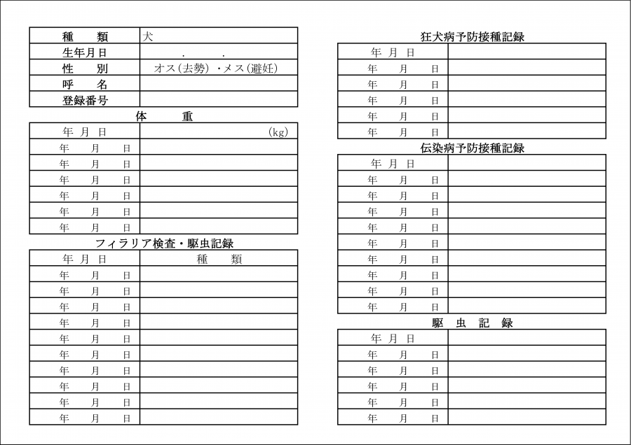 画像：健康手帳（犬）記載面（イメージ）