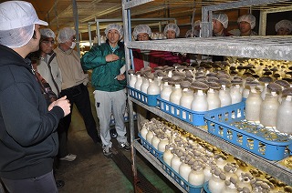 写真：あぎ茸の栽培施設を見学する参加者